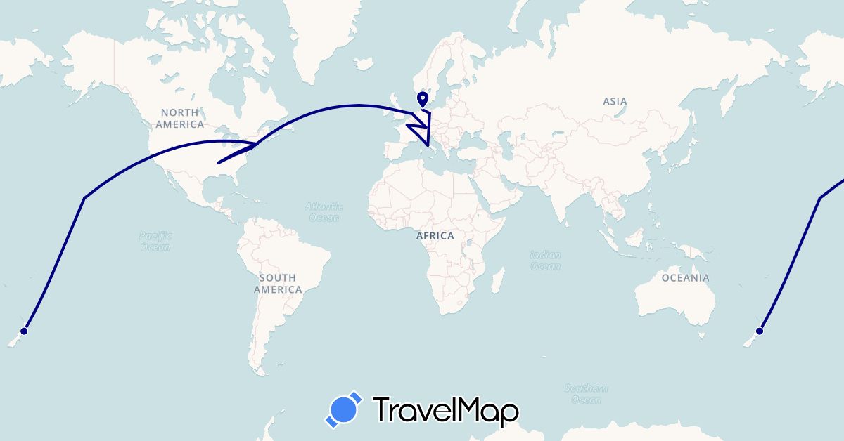 TravelMap itinerary: driving in Germany, France, United Kingdom, Italy, Netherlands, New Zealand, United States (Europe, North America, Oceania)
